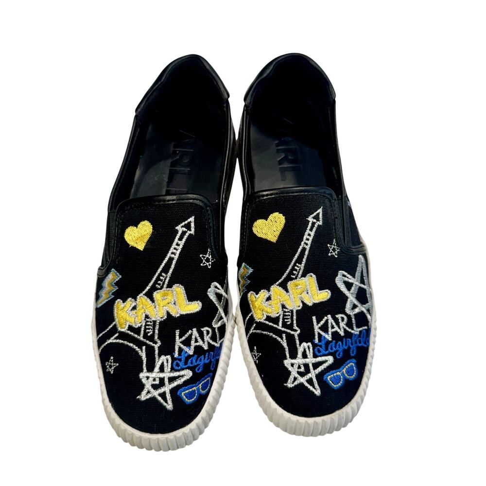 Karl Lagerfeld Paris Jazlyn Slip-On Sneakers Sz 8 Black Embroidered Graffiti - Picture 3 of 16